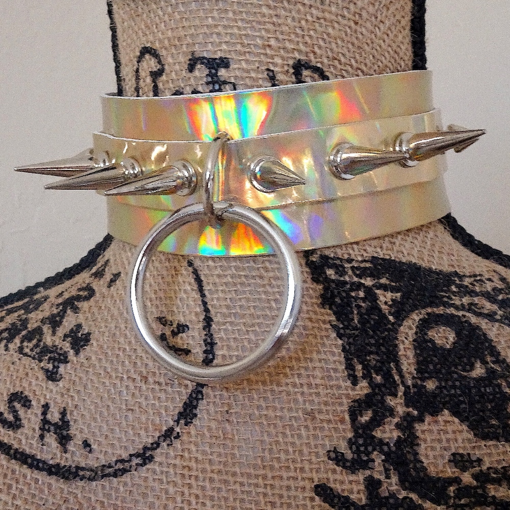 Big Punk Gothic Gold Holographic Spike Stud Choker Festival Rave Statement Piece